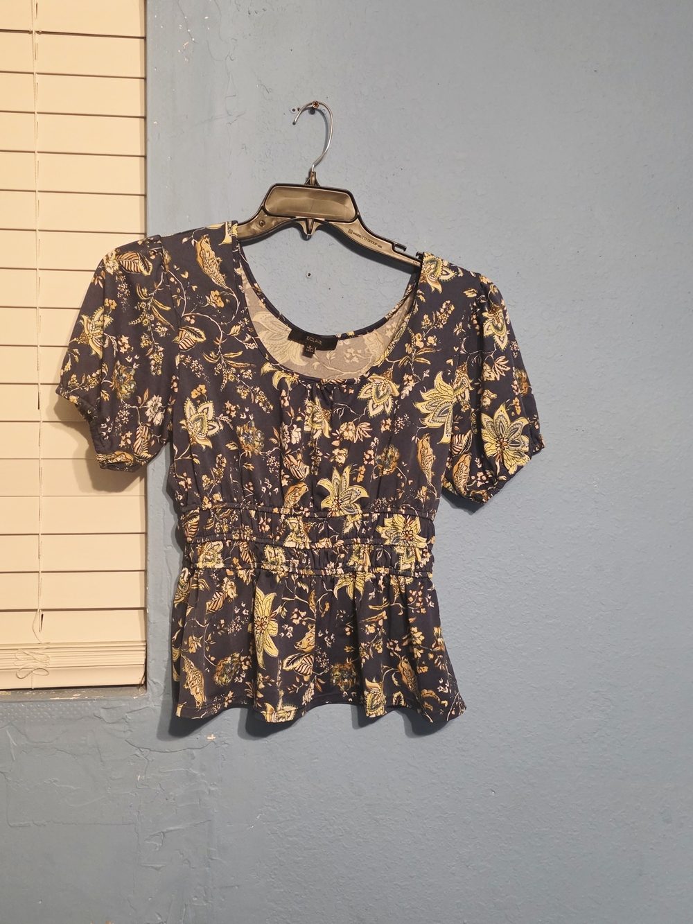 Eclair Floral Paisley Scoop Neck Peplum Top in Navy and Yellow